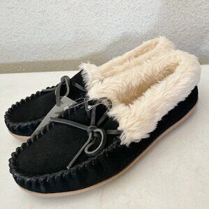 NEW J CREW Womens Lodge Moccasins Slippers Black Suede 6 Faux Fur Lining NWT